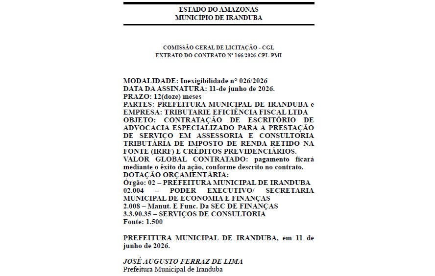 EXTRATO DO CONTRATO No 166 2026 Tributarie Prefeitura de Iranduba