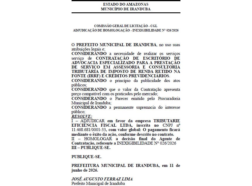 INEXIGIBILIDADE N° 026 2026 Tributarie Prefeitura de Iranduba